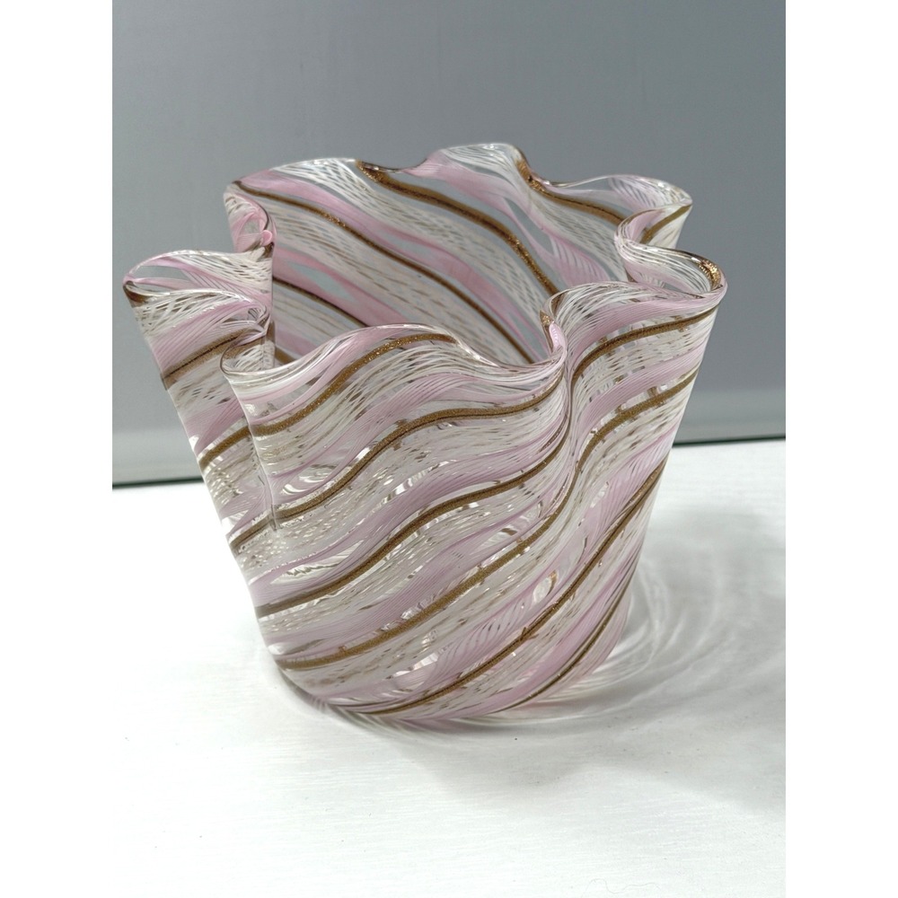 Vintage MURANO Handkerchief Vase Art Glass Pink White Gold Ribbon Cane
